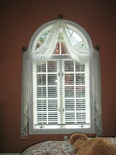 windows with half moon on top - Google Search Half Circle Window, Arched Window Coverings, Curtains For Arched Windows, Arched Window Treatments, Modern Window Treatments, Bathroom Window Treatments, Diy Window Treatments, Window Treatments Bedroom, House Blinds