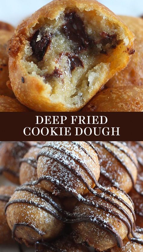 Deep Fried Cookie Dough made with homemade chocolate chip cookie dough, dipped in batter, and fried to golden crispy perfection! Easy recipe that tastes just like the fair food dessert - topped with powdered sugar! #deepfriedcookiedough #cookiedough #deepfrieddessert #fairfood #chocolatechiocookies Deep Fried Cookie Dough, Fried Cookie Dough, Deep Fried Desserts, Homemade Chocolate Chips, Trifle Pudding, Homemade Chocolate Chip Cookies, Dessert Toppings, Dessert Food, Fair Food Recipes