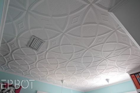 These are Styrofoam ceiling tiles you can glue up right over popcorn ceilings! No prep work required!: Faux Tin Tiles, Styrofoam Ceiling, Styrofoam Ceiling Tiles, Faux Tin, Popcorn Ceiling, Tin Tiles, Tin Ceiling Tiles, Laundry Room Makeover, Ceiling Tiles