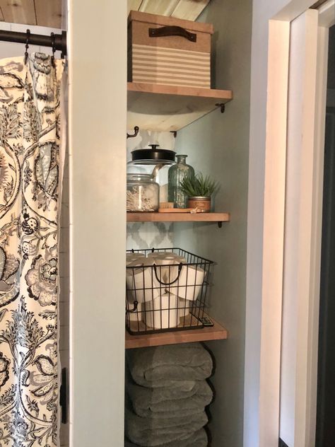 Bathroom Shelves Closet, Small Restroom Closet Ideas, Built In Shelves Bathroom Decor, Open Linen Closet In Bathroom Shelves, Small Open Bathroom Closet Ideas, Deep Shelves Bathroom, Bathroom Closets And Shelving, Open Bathroom Shelves Storage Ideas, Open Shelving Bathroom Closet