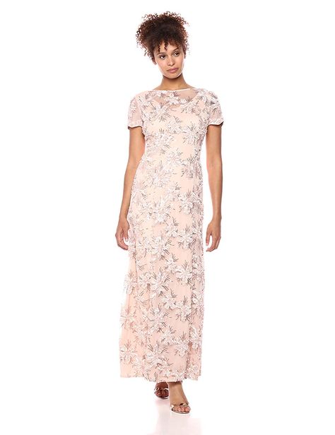 Alex Evenings Women's Long A-line Rosette Dress with Short Sleeves Sequin Detail #FormalDresses Rosette Dress, Cap Sleeve Gown, Sleeve Gown, Dress With Short Sleeves, Alex Evenings, Lace Caps, Long A Line, Cap Sleeve, Dresses Online