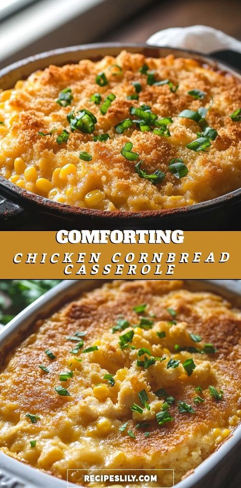 Indulge in the ultimate comfort food with this Chicken Cornbread Casserole! Packed with savory chicken, sweet corn, and a buttery cornbread topping, this dish is sure to become a family favorite. Perfect for weeknight dinners or potlucks, it's simple to prepare and full of flavor. Serve it up as a hearty meal, and watch everyone come back for seconds. Dive into the cozy goodness and bring warmth to your table with every bite! Chicken With Cornbread, Cornbread Recipes Casserole, Corn Casserole With Peppers, Cornbread Cheesy Chicken Casserole, Broccoli Cornbread Casserole, Meals To Eat With Cornbread, Chicken Corn Casserole Recipes, Things To Eat With Cornbread, Casseroles With Cornbread