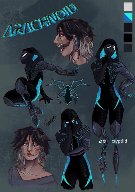 Spider Inspired Character Design, Character Design Spiderverse, Spidersona Oc Girl, Spiderman Oc Art Suit, Spider Hybrid Human, Spidersona Name Ideas, Across The Spider Verse Oc, Blue Spidersona, Goth Spidersona