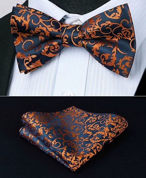 Elegant Orange And Blue Wedding, Orange And Dark Blue Wedding, Navy And Orange Wedding Decor, Cobalt Blue And Orange Wedding, Orange Formal Suit And Tie Accessories, Elegant Bow Tie With Pocket Square For Formal Occasions, Elegant Orange Suit And Tie Accessories For Formal Occasions, Formal Orange Bow Tie, Burnt Orange Navy Blue Wedding