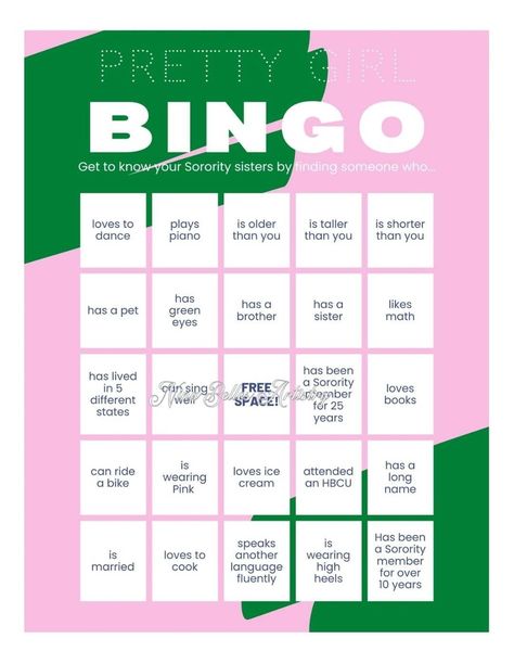 Pretty Girl Bingo (24 Cards), AKA, AKA Games, Pretty Girl, Alpha Kappa Alpha, Sorority, Sorority Games, Pink and Green, AKA Bingo, aka cards Sisterhood Games Sorority, Sorority Ice Breaker Games, Sorority Bingo Board, Sisterly Relations Activities Aka, Sorority Games, Sorority Bonding Activities, Sorority Activities, Sisterhood Activities, Sorority Socials