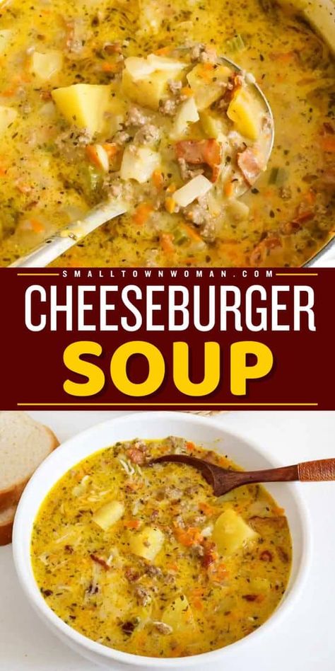 Have a bowl of this stovetop cheeseburger soup! You're going to love this easy fall comfort food. Not only is this delicious soup creamy and cheesy, but it is also loaded with ground beef, bacon, potatoes, and more! Save this cozy dinner recipe! Cozy Fall Recipes Dinner, Soups With Beef Broth, Cheeseburger Potato Soup, Stovetop Cheeseburger, Ground Beef Soup Recipes, Soup Recipes With Ground Beef, Bacon Potatoes, Soup Creamy, Cozy Fall Recipes