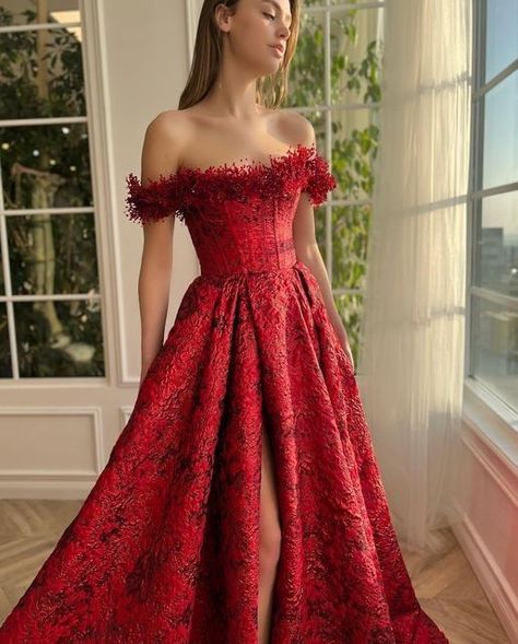 Off the shoulder red blood dress, prom, ball, fancy, elegant, elegance, dress, gown, designer, corset top, big dress, boho, 2023, trendy, glamorous Teuta Matoshi Red, Teuta Matoshi Dresses, Matoshi Dress, Teuta Matoshi, A Line Evening Dress, Red Evening Dress, Fantasy Gowns, Evening Dress Fashion, Women's Evening Dresses