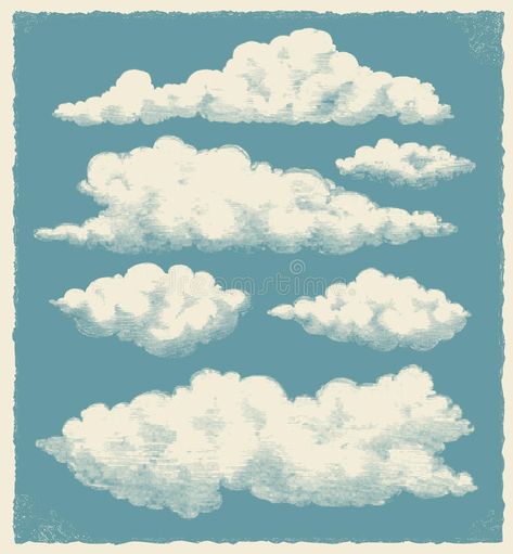 Vintage cloud set - vector illustration stock illustration Cartoon Sky Aesthetic, Vintage Clouds Illustration, Sun Cloud Illustration, Retro Cloud Illustration, Cloud Illustration Art, Vintage Cloud Illustration, Cloud Illustration Drawing, Illustrated Clouds, Cloud Illustration Design