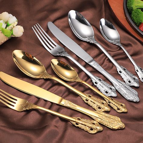 Hot Sale Cutlery Set Knives Forks Spoons Dinnerware Golden Stainless Steel Good Quality Tableware Stainless Steel Fabrication, Luxury Cutlery, Faux Leather Sectional, Black Dinnerware, Stemware Storage, Steel Fabrication, Luxury Dinnerware, Stainless Steel Cutlery, Gold Engraving