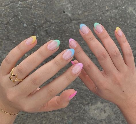 French Tip Nails With Color Line, Pastel Colored French Tip Nails, Cute Tips Nails, Almond Shape Beach Nails, Colorful Tip Nails, Multi Colored French Tip Nails, Different Color French Tips, Two Color French Tip Nails, Cute Spring Break Nails