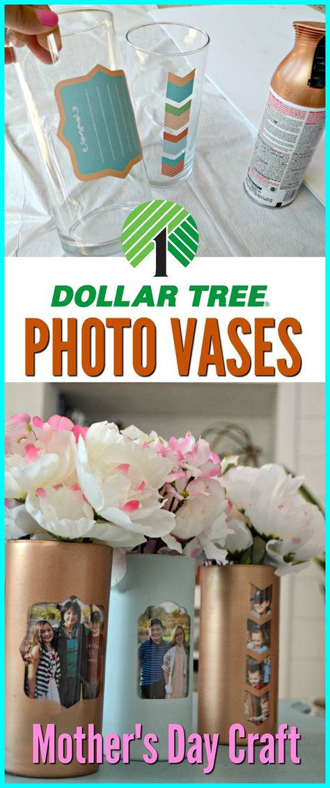 Grab a $1 glass vase and adhesive labels from Dollar Tree to make this easy photo vase for Mother's Day! Creative Mothers Day Gifts Diy Crafts Cute Ideas, Dollar Store Mothers Day Gift Ideas, Mothers Day Gifts From Dollar Tree, Mothers Day Dollar Tree Diy, Mothers Day Gifts Diy Dollar Stores, Diy Dollar Tree Mothers Day Gifts 2024, Mothers Day Vase Craft Kids, Cheap Mother’s Day Gift Ideas From Kids, Mother’s Day Craft Dollar Tree