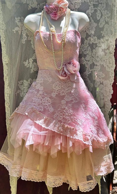 Pink lace dress  Pink boned bodice fairytale tea dress Pink chantilly lace over tulle crinoline skirt Back zip and button fastening Size X small Will fit busts 32-34 inches waists 25 inches Length from shoulder to hem 32 inches Pink Wedding Reception Dress, Victorian Birthday Party, Fairytale Tea Party, Pink Dress Birthday, Pink Frilly Dress, Shabby Chic Outfits, Tea Party Dresses, Pink Leopard Dress, Princess Dress Pink