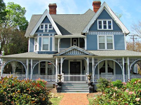 Blue Victorian | Liberty St. York, SC. This house used to be… | Flickr Blue Victorian House, Queen Anne House, Old Victorian Homes, Victorian Beauty, Build Inspiration, Victorian Farmhouse, Sims Ideas, Busy Street, Pink House