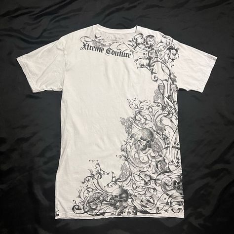 Xtreme Couture by Affliction mens tshirt XL white/black design skulls two sided White Affliction Shirt, Affliction Design Graphics, Affliction Design, Affliction Tshirt, White Tee Men, Affliction Clothing, Affliction Shirts, Affliction Shirt, Thrift Inspo