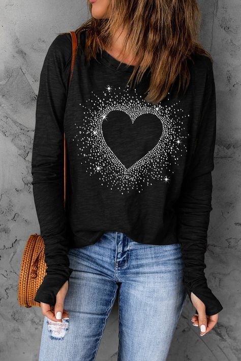 Graphic Long Sleeve Tees, Blank Apparel, Heart Graphic, Leopard Print Top, Black Christmas, Rhinestone Heart, Tees For Women, Black Rhinestone, Printed Sleeves