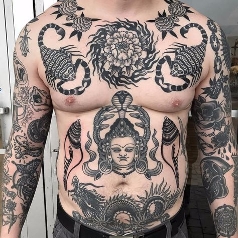 Dragon Tattoo Stomach, Traditional Tattoo Black And Grey, Traditional Chest Tattoo, Tibetan Tattoo, Belly Button Tattoo, Traditional Black Tattoo, Torso Tattoos, Chest Piece Tattoos, Red Ink Tattoos