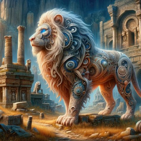 Lion Fantasy Art Mythical Creatures, Fantasy Lion Art, Guardian Knight, Art Mythical Creatures, Lion Goddess, Fantasy Lion, Ancient Lion, Awakening Art, Mystical Animals