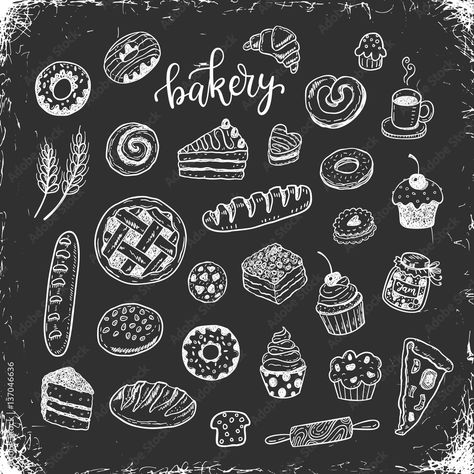 Chalkboard Hand Lettering, Chalk Menu, Chalkboard Doodles, Bakery Design Interior, Bakery Food, Food Doodles, Chalk Wall, Sandwich Board, Chalkboard Background