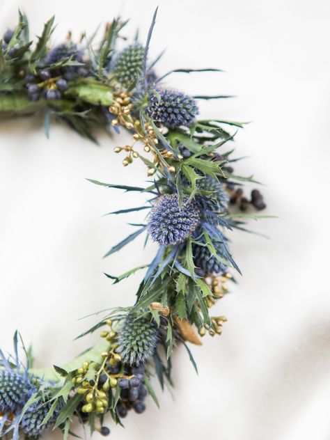 Thistle Flower Crown, Winter Flower Crown Wedding, Winter Church Wedding, Winter Flower Crown, Church Wedding Photography, Thistle Wedding, Church Photography, Scottish Elopement, Winter Wedding Flowers