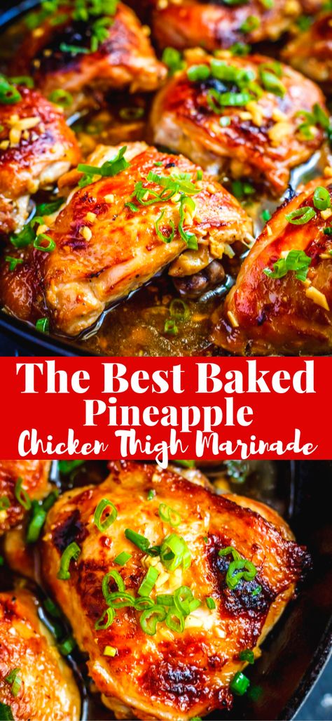 This baked pineapple chicken thighs marinaded in pineapple juice, soy sauce, garlic and #1 Secret Ingredient that makes this oven baked chicken thighs taste incredibly amazing, it is the SESAME OIL. Try it and you will see what I am talking about! My kids love this baked pineapple chicken! Can’t wait to hear what YOU think of this recipe! #chickenrecipe #dinnerrecipe #chicken Pineapple Chicken Thighs, Baked Pineapple Chicken, Thigh Marinade, Chicken Thigh Marinade, Pineapple Juice Recipes, Pineapple Chicken Recipes, Oven Baked Chicken Thighs, Baked Pineapple, Crispy Baked Chicken