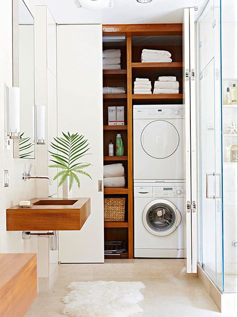 Utilize all the space you have, by taking shelving as high as you can. More laundry room storage solutions: http://www.bhg.com/rooms/laundry-room/storage/laundry-room-storage-solutions/?socsrc=bhgpin070913tightspaces=2 Laundry Room Storage Solutions, Dekorere Bad, Laundry Room Inspiration, Laundry Closet, Bad Inspiration, Small Laundry Rooms, Small Laundry Room, Small Laundry, Laundry Room Storage