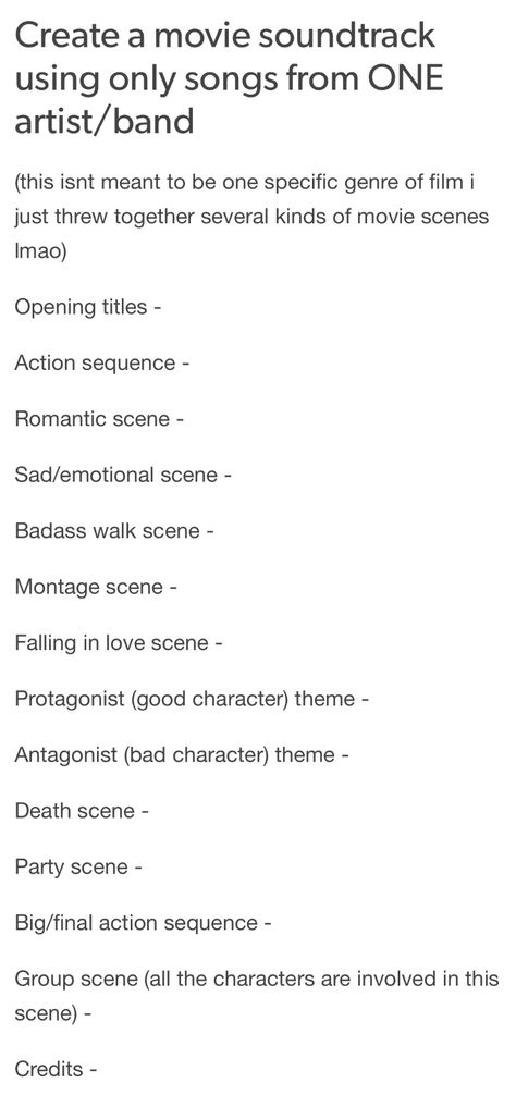 Making A Playlist For Someone, Character Playlist Template, Writing A Musical, Song Shuffle Game, Music Shuffle Game, Playlist Themes Ideas, Movie Soundtracks Playlist, Oc Playlist, Song Games