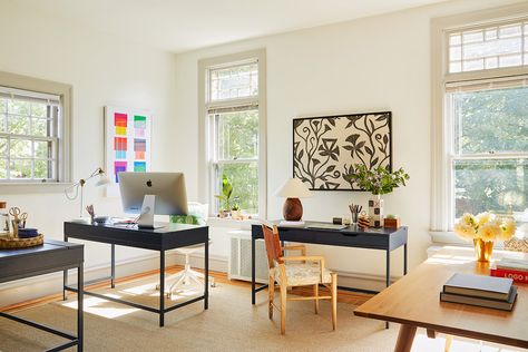 How to Transform a Tiny Room Into a Functioning Office for Three 2 Desk Home Office, Office For Two People Layout, Home Office Two Desks, Two Person Home Office, Small Home Office For Two, Home Office For Two People, Shared Office Space Ideas, Shared Home Office Ideas, Shared Home Office