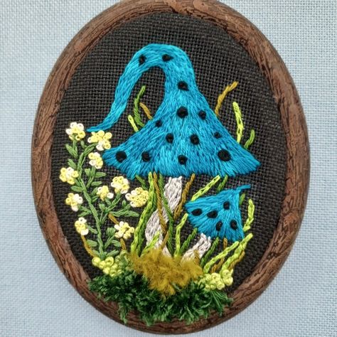 Textured moss and mushroom embroidery. www.Etsy.com/shop/FrenchKnotCreations Moss Embroidery, Embroidery Icons, Mushroom Embroidery, Peter Rabbit, Embroidery And Stitching, Embroidery Art, Merlin, Hand Embroidery, Cross Stitch Patterns