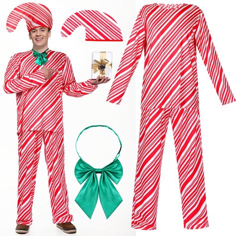 PRICES MAY VARY. Christmas Candy Cane Costume Set: the candy cane costume set includes 1 piece of red and white striped top, 1 pair of matching pants, 1 piece of green large neck bow, and 1 piece of pointed stripey hat, which can making you to be the focus of the crowds, good for Christmas costumes, cosplays, and dress up games Comfortable Material: the men's candy cane outfit is mainly made of quality cotton and polyester with nice sense of touch, lightweight, skin touchable, breathable, very s Candy Cane Outfit, Cane Outfit, Candy Cane Costume, Christmas Cosplay, Green Bow Tie, Outfit Red, Neck Bow, White Candy, Christmas Costumes