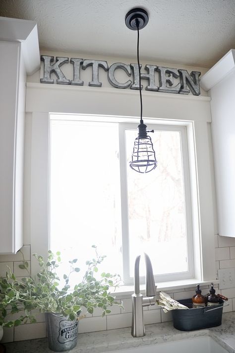 DIY Metal Letter Industrial Kitchen Sign - Liz Marie Blog Window Seal Ideas, Over Sink Decor, Kitchen Window Over Sink Ideas, Kitchen Window Over Sink, Window Over Sink, Kitchen Window Sill, Kitchen Window Curtains, Sink Decor, Sink Ideas