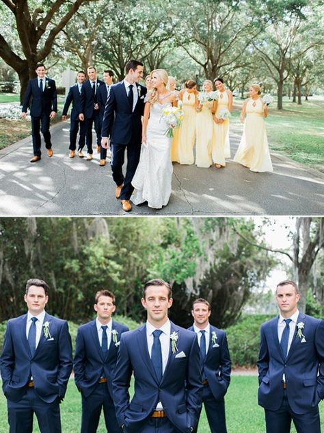 Chic Southern Blue and Gold Wedding Pale Blue And Gold Wedding, Yellow Bridesmaid Dresses With Groomsmen, Yellow And Blue Wedding Theme, Blue And Yellow Wedding Theme, Yellow Wedding Party, Pale Yellow Bridesmaid Dresses, Light Yellow Weddings, Pale Yellow Weddings, White Jeans For Men