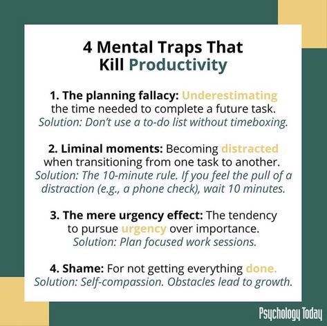 ✨4 Mental Traps That Kill Productivity✨ - #mindfulness #psychology #mentalhealthawareness #wellness #health #mentalhealthmatters #meditation #mentalhealth #mindset #productivity Nir Eyal, Productivity Motivation, Psychology Today, Self Compassion, Mental Health Matters, Multi Tasking, Mental Health Awareness, Time Management, Self Help