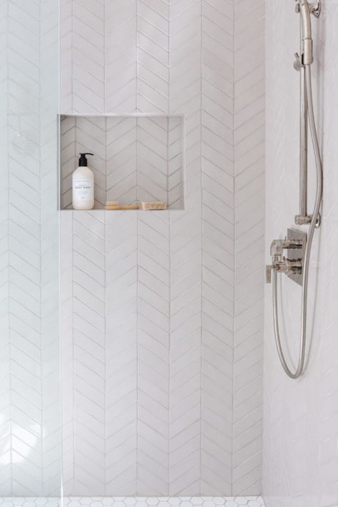 Recent Projects - Eva LaRocque Interiors Transitional Modern Bathroom, Herringbone Backsplash Bathroom, Coastal Master Bath, Herringbone Shower Tile, Coastal Bathroom Tile, Herringbone Bathroom, Townhouse Bathroom, Herringbone Shower, Bathroom Main