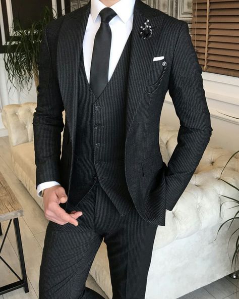 Groom Suit Trends, Mens Pinstripe Suit, Suit Overcoat, Black Men Suits, Groom Tuxedo Wedding, Corduroy Suit, All Black Suit, Black Pinstripe Suit, Black Suit Men