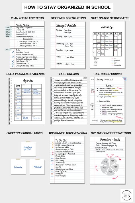 How To Stay Organized in School Study Task Planner, How To Organise Your School Planner, Studying Set Up Aesthetic, School Planning Aesthetic, Organisation Tips School, Planner Making Ideas, College Study Organization, How To Organize A Journal, How To Organize College Classes