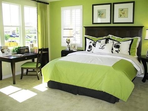 Natural green colors are soothing and relaxing, ideal for bedroom decorating and creating pleasant, comfortable, and attractive bathroom designs Lime Green Bedroom, Lime Green Rooms, Lime Green Bedrooms, Green Bedrooms, Green Bedroom Design, Nice Bedroom, Green Bed, Bedroom Theme, Cool Kids Rooms