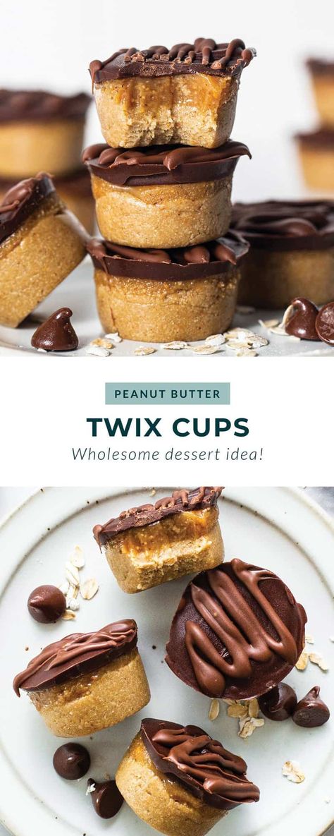 Peanut butter Twix cups are a fun, homemade treat made with 3 layers of wholesome ingredients - a cookie layer, caramel layer, and chocolate layer. Hungry Happens Twix Cups, Peanut Butter Twix Recipe, Individual Layered Desserts, Healthy Twix Cups, Twix Cups, Healthy Twix Bars, Keto Peanut Butter Cups, Peanut Butter Twix, Vegan Peanut Butter Cups