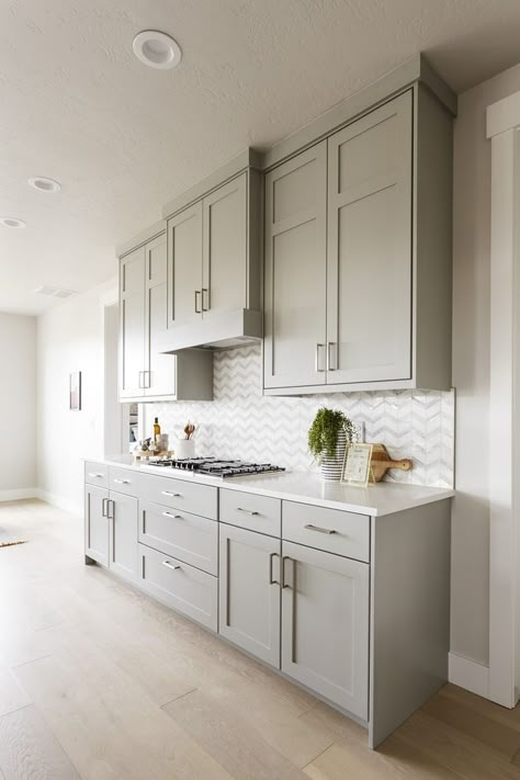 Light French Gray Sherwin Williams Cabinets, Gray Cabinet Kitchen, Light Grey Cabinets, Greige Kitchen Cabinets, Kitchen Cabinet Style, Light Grey Kitchen Cabinets, Greige Kitchen, Light Grey Kitchens, Light Gray Cabinets