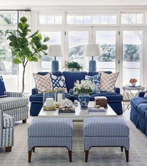 Blue White Living Room Modern, Fabric Couches Living Room, Upholstered Stools Living Room, Blue Chinoiserie Living Room, Southern Coastal Interior Design, High End Coastal Interiors, Coastal Living Rooms Paintings & Prints, Blue Family Room Ideas, Blue And White Interior Design