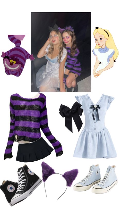 Duo Halloween costumes Iconic Costume Ideas Duo, Alice And Cheshire Cat Costume Duo, Alice And Cat Costume, Keroppi Halloween Costume, Best Duos Costumes, Rare Duo Halloween Costumes, Duo Halloween Costumes Female, Cat Custom Halloween, Duo Simple Halloween Costumes