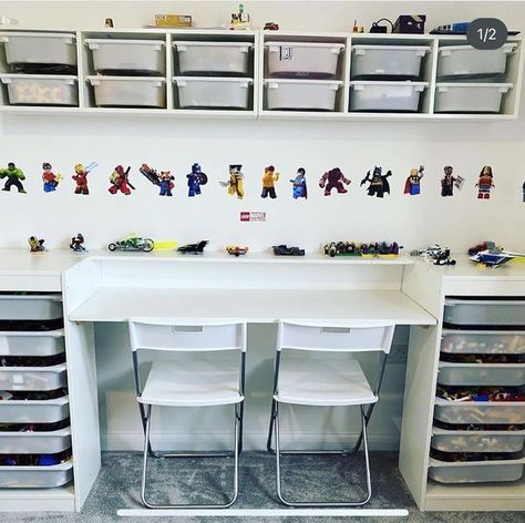 Lego Storage Desk Ideas, Lego Desk Ikea, Lego Play Area Ideas, Ikea Lego Desk, Lego Building Desk, Lego Desk Ideas, Ikea Kids Desk Hack, Lego Desk With Storage, Kallax Lego