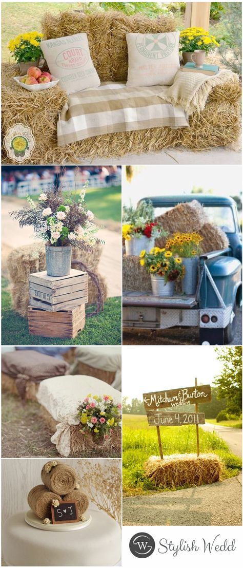 Chic Country Hay Bales Wedding Ideas for Outdoor Wedding Hay Bales Wedding, Hay Bale Ideas, Hay Bale Wedding, Rustic Country Wedding Decorations, Deco Champetre, Country Wedding Decorations, Outdoor Wedding Inspiration, Hay Bales, Mason Jar Wedding