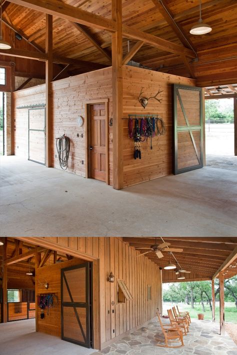 An extra storage room for feed and tack on the interior, and a covered porch perfect for relaxing in the rocking chairs after hitting the trail. #horsebarn #tackroom #rockingchairs #horsestall #horses #equine Horse Tack Rooms Western, Tack And Feed Room Ideas, Tack Room Western, Barn Tack Room Ideas, Farm Barn Ideas, Horse Tack Room Ideas, Small Horse Barn Ideas Layout, Western Tack Room, Small Horse Stable