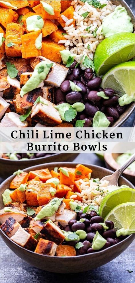 Black Beans Rice, Burrito Bowl Meal Prep, Chicken Burrito Bowls, Chili Lime Chicken, Sweet Potato Bowls, Chicken Bowl Recipe, Burrito Bowls Recipe, Chicken Roasted, Creamy Avocado Sauce