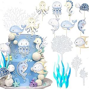 JeVenis Under the Sea Cake Decorations Ocean Animal Cupcake Toppers Under the Sea Party Decorations Ocean Sea Theme Baby Shower Birthday Party Cake Decorations Animal Party Cake, Under The Sea Party Decorations, Sea Party Decorations, Animal Cupcake Toppers, Ocean Cake, Sea Cupcakes, Animal Cupcake, Under The Sea Cake, Under The Sea Decorations