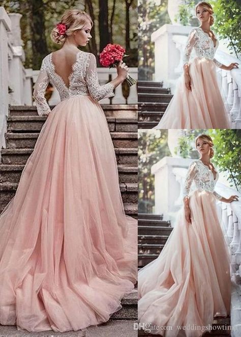 Tulle Pink Dress, A Line Wedding Dress With Sleeves, Country Wedding Gowns, Tulle Pink, Wedding Dresses With Lace, Illusion Sleeves, How To Dress For A Wedding, Sheath Wedding Gown, Cheap Gowns