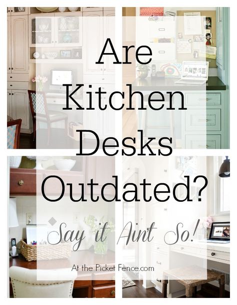 What do you think? Are kitchen desks outdated? atthepicketfence.com Kitchen Table Desk Ideas, Kitchens With Desks, Kitchen Counter Desk Area, Kitchens With Desk Area, Desks In Kitchen Ideas, What To Do With Desk Area In Kitchen, Desk Area In Kitchen Ideas, Repurposed Kitchen Desk Area, Old Desk In Kitchen