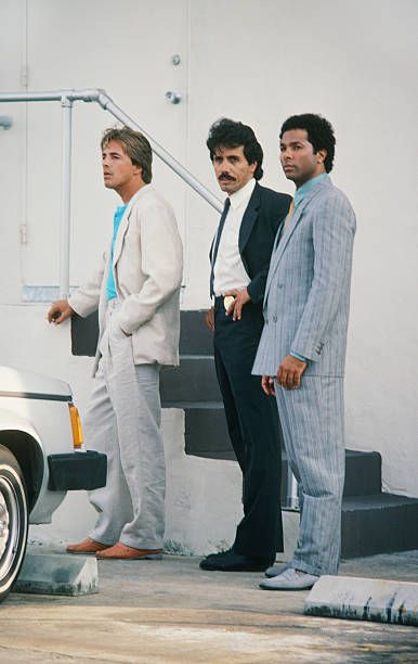 VICE 'Little Prince' Episode 11 Air Date Pictured Don Johnson as Detective James 'Sonny' Crockett Edward James Olmos as Lieutenant Martin Castillo... Vice City Outfit, Miami Vice Fashion, Sonny Crockett, Edward James Olmos, Michael Thomas, Vice City, The Wedding Singer, Don Johnson, Wow Video