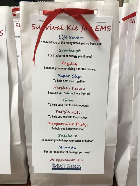 Goody bags for EMS First Responder Appreciation Bags, Employee Appreciation Goody Bags, Ems Week Gift Ideas Diy, Ems Gift Ideas, Paramedic Gift Ideas, First Responders Appreciation Gifts, Ems Appreciation Week Gift Ideas, Ems Week Ideas, Emt Gift Ideas