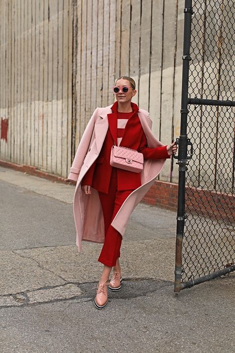 Blair Eadie, Woman In Red, Hijab Look, Color Blocking Outfits, Fashion Sites, Red Suit, Pink Coat, Red Pants, Colourful Outfits